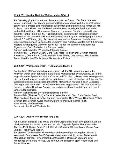 Wahlscheider SV – Alte Herren Spielberichte 2011