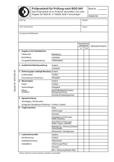 Prüfprotokoll für Prüfung nach BGG 945