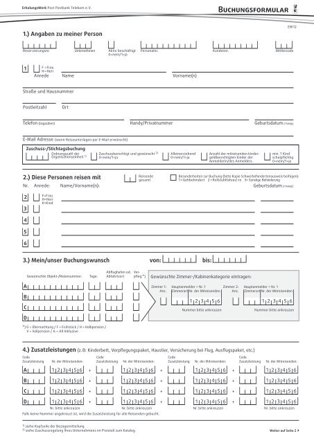 Buchungsformular Erholungswerk Post Postbank Telekom Ev