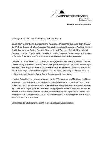 Stellungnahme zu Exposure Drafts ISA 220 und ISQC 1 Im Juli 2007 ...