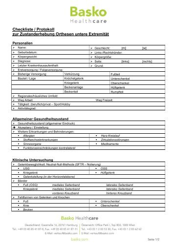 Checkliste/Protokoll zur Zustanderhebung Orthesen untere Extremität