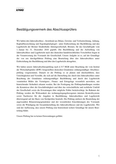 Bestätigungsvermerk des Abschlussprüfers - BSAG