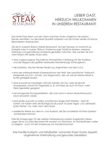 Speisekarte Bülow's Steak Restaurant - Hotel Polar-Stern