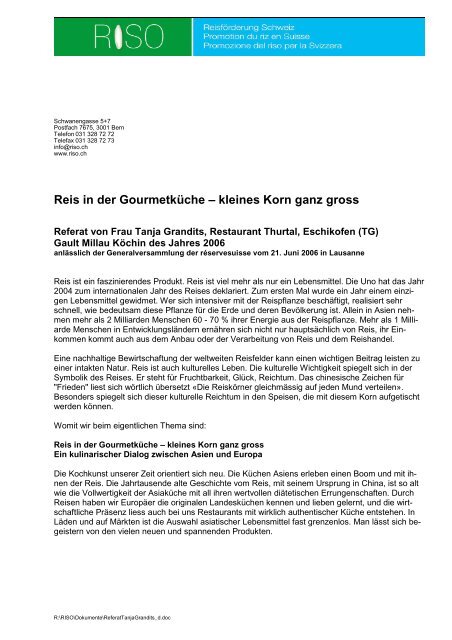 Referat von Frau Tanja Grandits, Restaurant Thurtal Eschikon (TG)