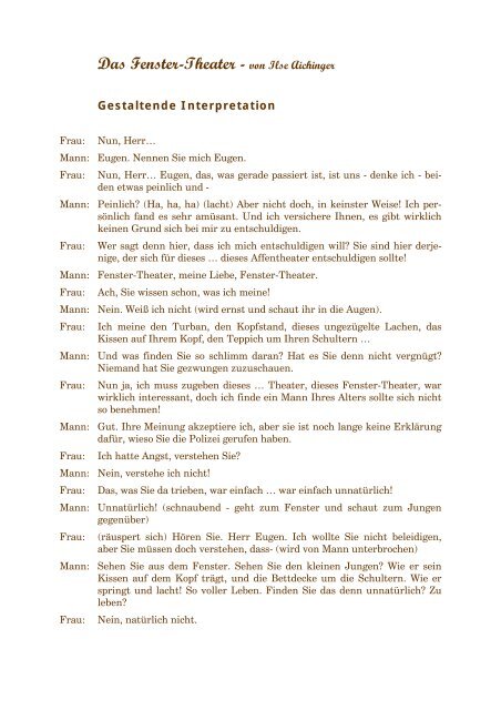 Das Fenstertheater Von Ilse Aichinger Das Fenster-Theater - von Ilse Aichinger - PMHG