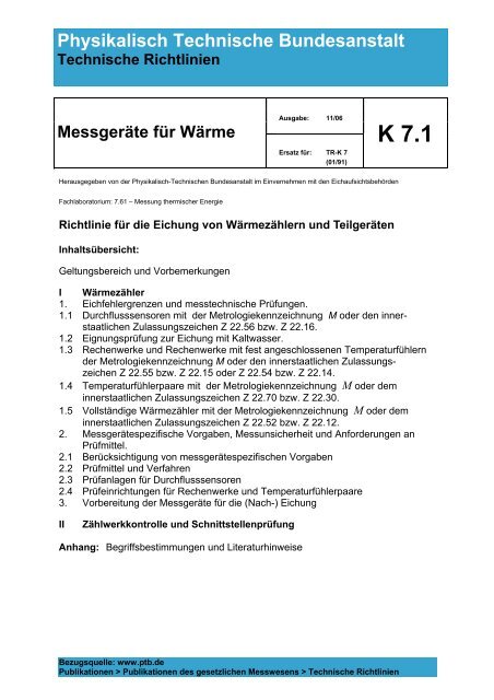 TR-K 7.1 Richtlinie für die Eichung von Wärmezählern und ... - PTB