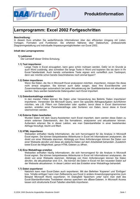 Produktinformation Lernprogramm Excel 2002 Fortgeschritten