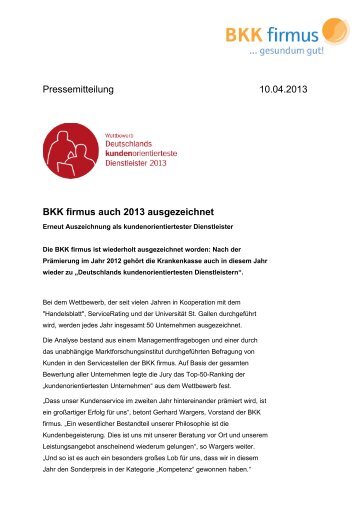 Auszeichnung "Kundenorientierteste Dienstleister 2013" - BKK firmus