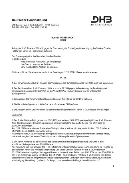 Bundessportgericht - Urteil 1/2004 - Deutscher Handballbund