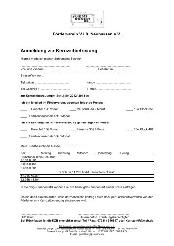 Anmeldung und Preise für die Kernzeitbetreuung Schuljahr 2012/13