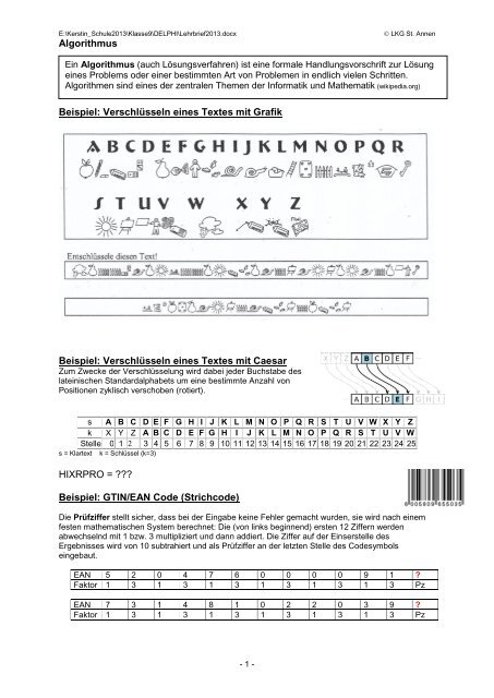 Algorithmus Beispiel: Verschlüsseln eines Textes mit Grafik Beispiel ...