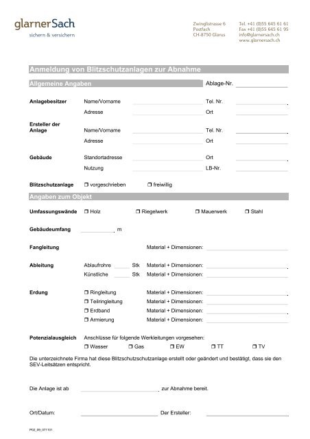 Anmeldung von Blitzschutzanlagen zur Abnahme - glarnerSach