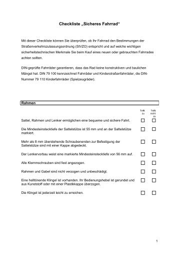 Checkliste „Sicheres Fahrrad“ - R+V Versicherung