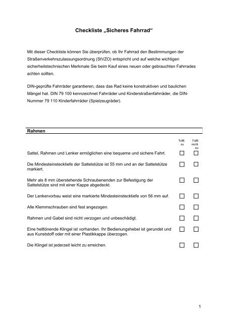 Checkliste „Sicheres Fahrrad“ - R+V Versicherung
