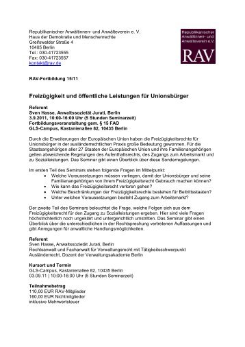 Freizügigkeit und öffentliche Leistungen für Unionsbürger - RAV