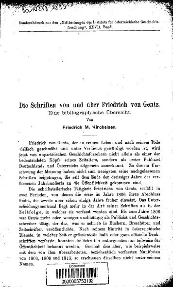 Die Schriften von und uber Friedrich von Gentz