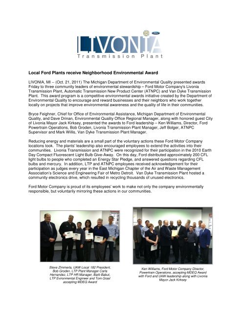 Livonia Transmission Plant and ATNPC receive the 2011 - Ford