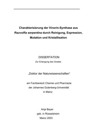 Charakterisierung der Vinorin-Synthase aus Rauvolfia serpentina ...