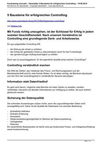 Newsletter 5 Bausteine für erfolgreiches Controlling ... - Spendwerk