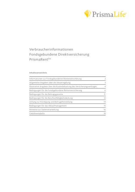 Verbraucherinformationen Fondsgebundene Prismalife Ag