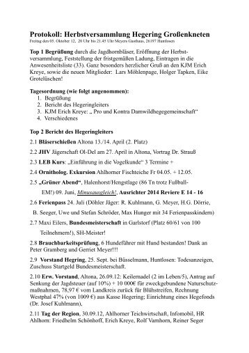 Protokoll: Herbstversammlung Hegering Großenkneten