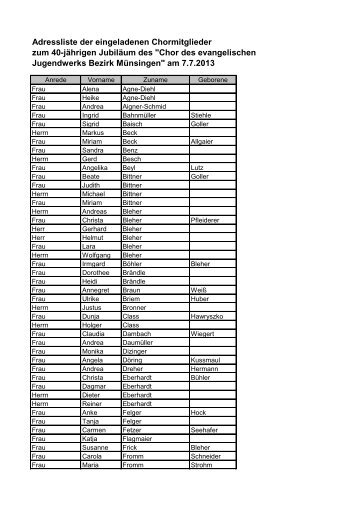 Adressliste der eingeladenen Chormitglieder zum 40-jährigen ...