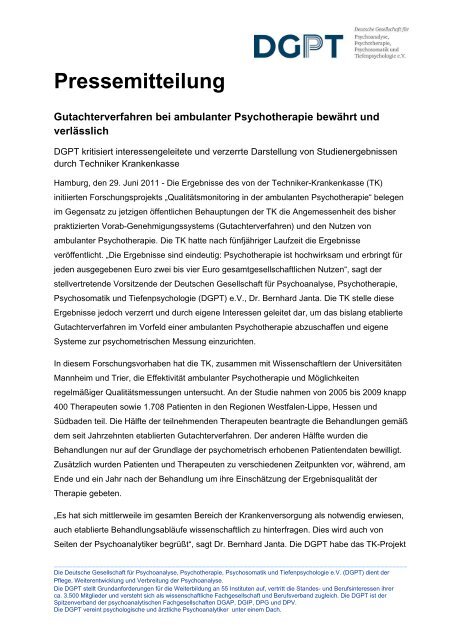 Pressemitteilung der DGPT vom 29.06.2011