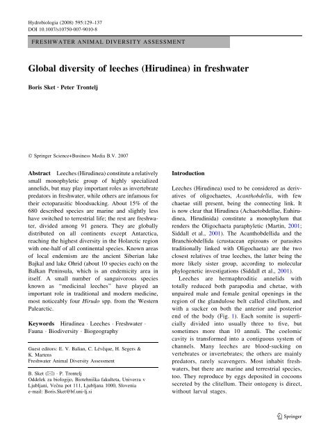 Global diversity of leeches (Hirudinea) in ... - Univerza v Ljubljani