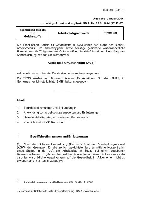 TRGS 900 "Arbeitsplatzgrenzwerte"