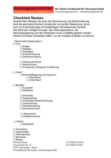 Checkliste Neubau - Heizungsprofi24.de