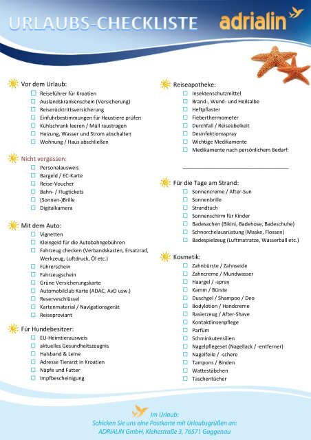 Download Urlaubs-Checkliste als .pdf-Datei - Kroatien Urlaub mit