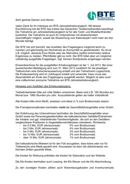 Download Erhebungsbogen Betriebsvergleich 2012 - BTE