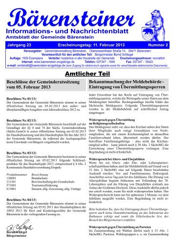 Informations- und Nachrichtenblatt - Bärenstein im oberen Erzgebirge