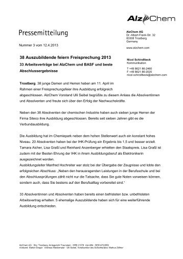 (12.04.2013) - 38 Auszubildende feiern Freisprechung ... - AlzChem