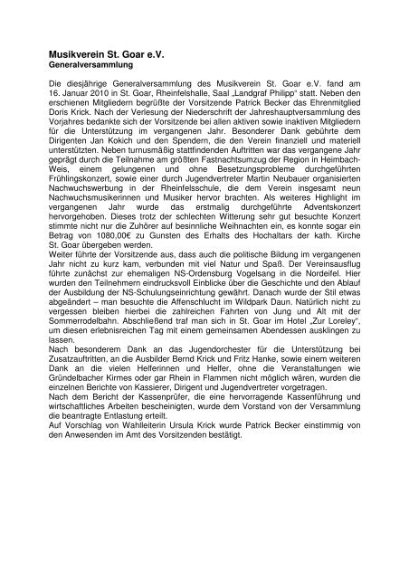 Artikel Generalversammlung 2010 - Musikverein St. Goar eV