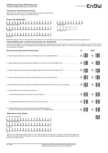 Formular zur Stimmrechtsvertretung und Vollmacht an einen ... - EnBW