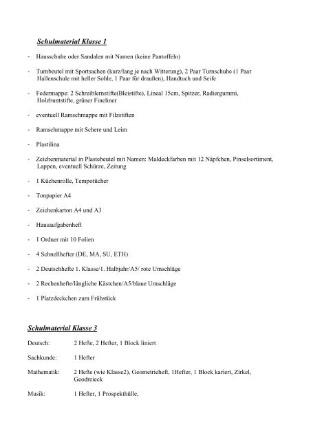 Schulmaterial Klasse 1 Schulmaterial Klasse 3