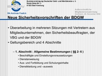 Neue Sicherheitsvorschriften der BDGW