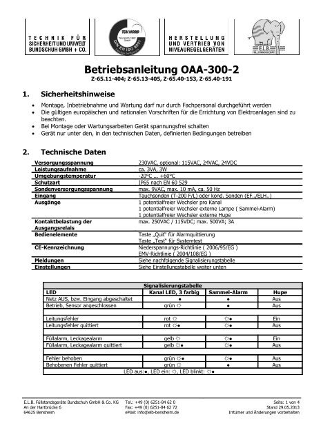 Betriebsanleitung OAA-300-2 - E.L.B. Füllstandsgeräte Bundschuh ...