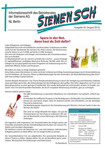 Informationsschrift des Betriebsrates der Siemens ... - Siemens Dialog