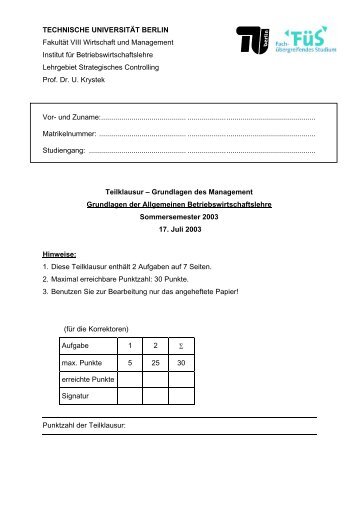 TECHNISCHE UNIVERSITÄT BERLIN Fakultät VIII Wirtschaft und ...