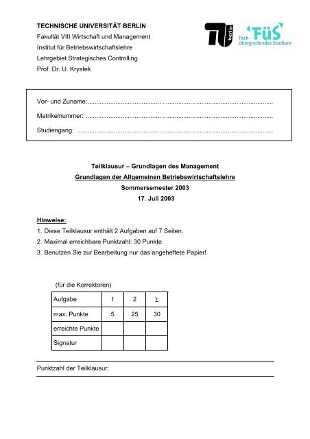 TECHNISCHE UNIVERSITÄT BERLIN Fakultät VIII Wirtschaft und ...