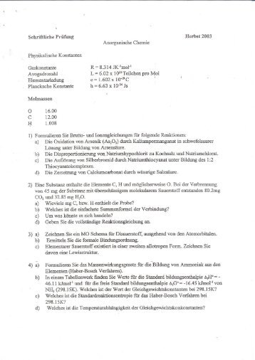 Herbst 2003 Schriftliche Prüfung Anorganische Chemie ...
