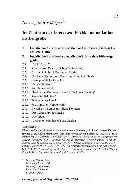 Fachkommunikation als Leitgröße - Hermes - Journal of Linguistics