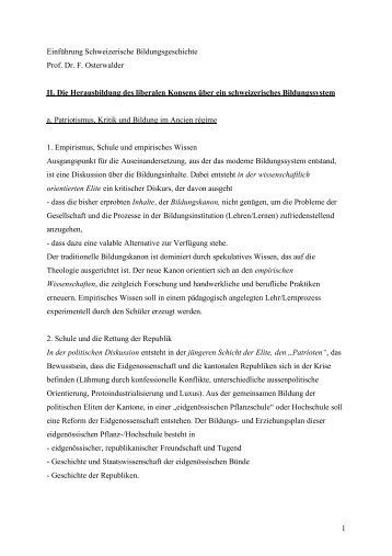 1 Einführung Schweizerische Bildungsgeschichte Prof. Dr. F ...