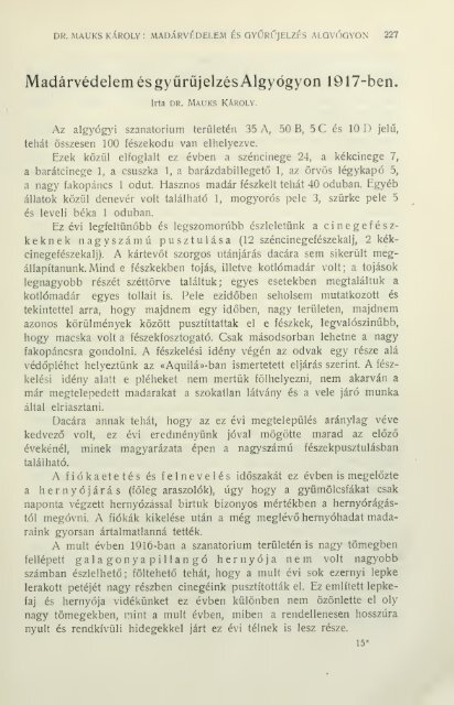 Madárvédelem és gyűrűjelzés Algyógyon 1917-ben - EPA