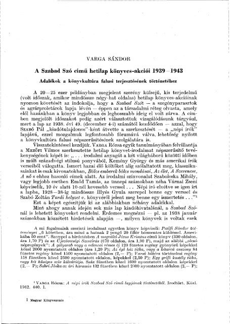 A Szabad Szó című hetilap könyves-akciói 1939-1943 - EPA