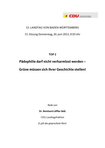 2013-06-20 Loeffler zu Paedophilie und Gruene in BW - CDU-Fraktion