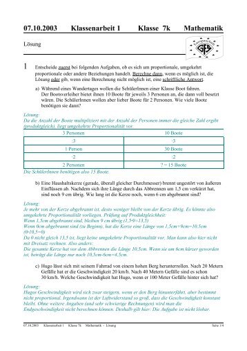 07.10.2003 Klassenarbeit 1 Klasse 7k Mathematik