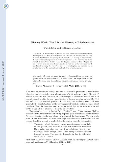 Placing World War I in the History of Mathematics